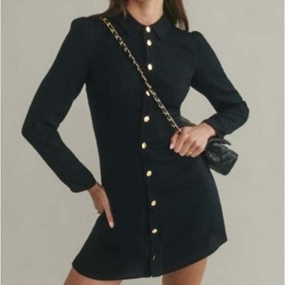 Reformation Hugh Black Mini Dress Women's 4 Button Down Front Long Sleeves - Picture 1 of 6